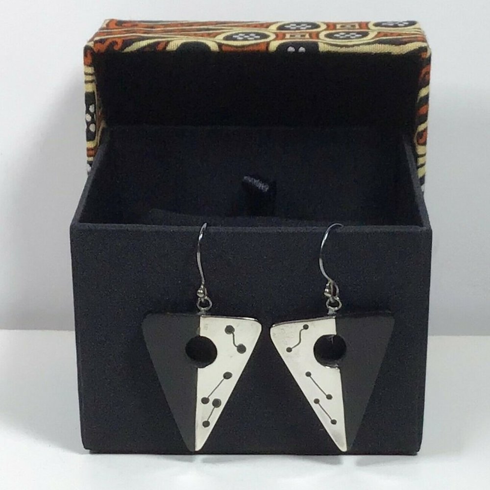 Wood Silver Triangle Triangular Dangle Earrings - image 2